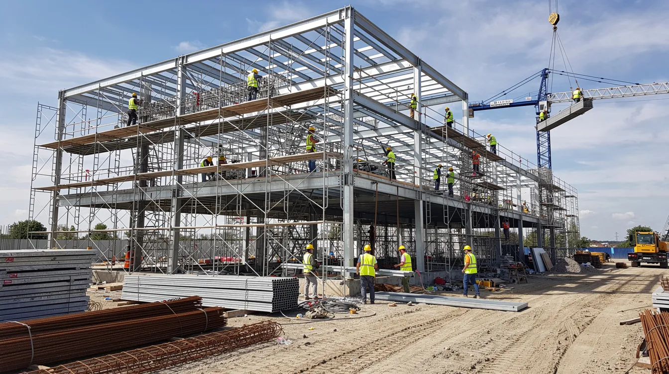 The image shows construction workers actively working on a commercial building site, surrounded by steel framing and scaffolding. This scene highlights the construction industry, where proper construction insurance and liability coverage are essential for protecting property owners and contractors against potential construction defects and property damage.