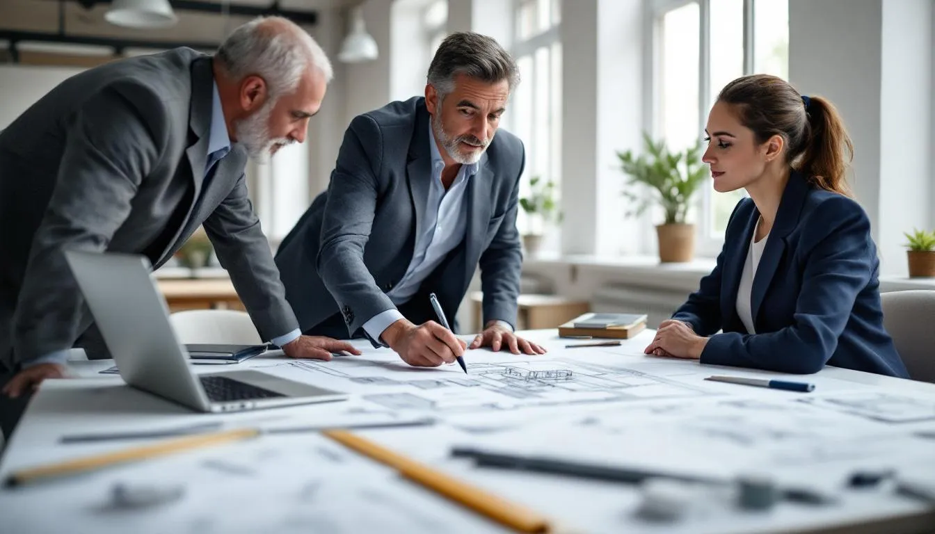 A mentor and mentee are engaged in a collaborative review of architectural drawings, fostering their mentoring relationship through effective communication and skills development. This interaction highlights the importance of personal and professional growth in their career paths, as they exchange ideas and knowledge to enhance their technical skills.
