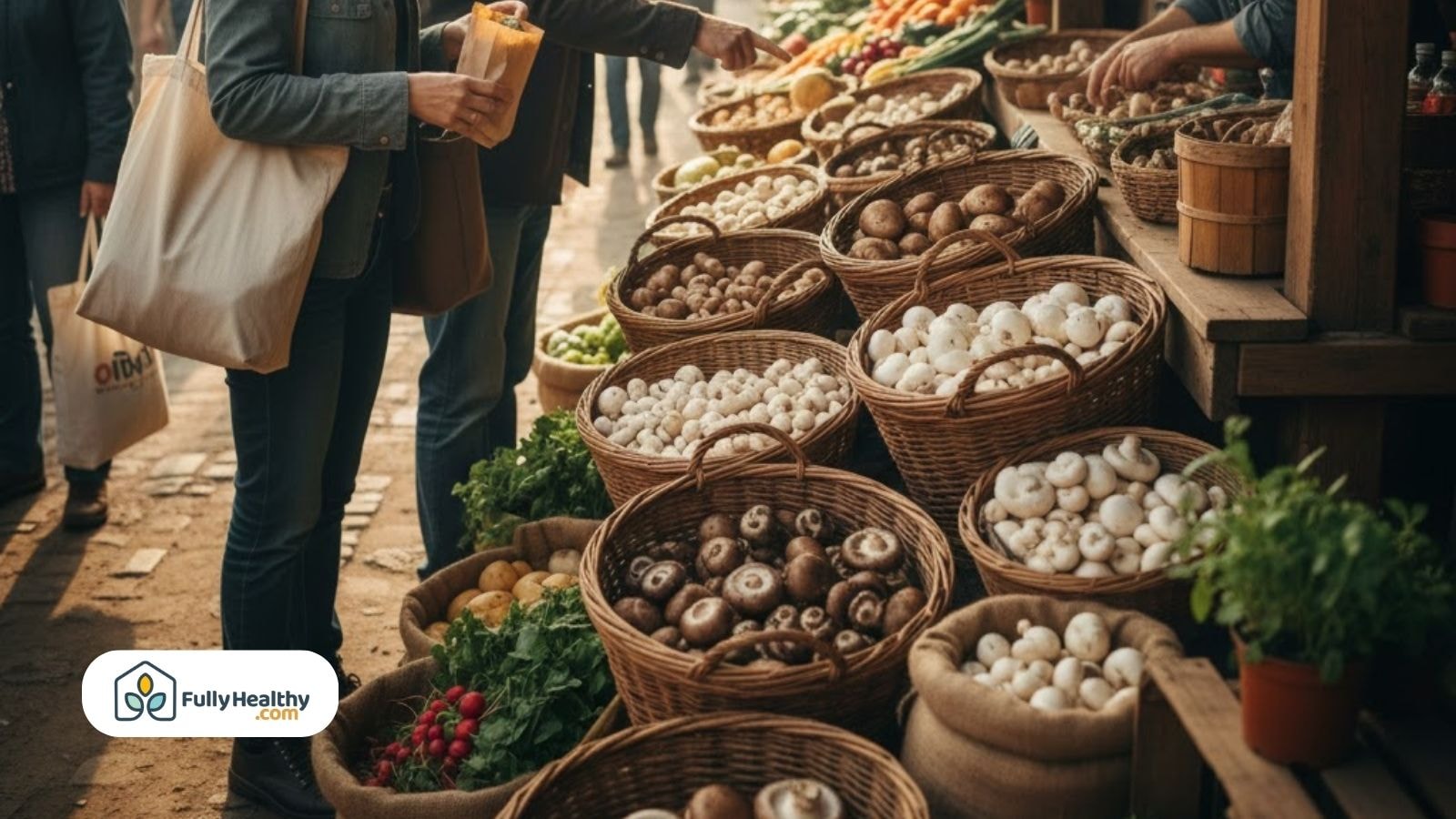 Baskets of various mushrooms at a farmers market with shoppers browsing.