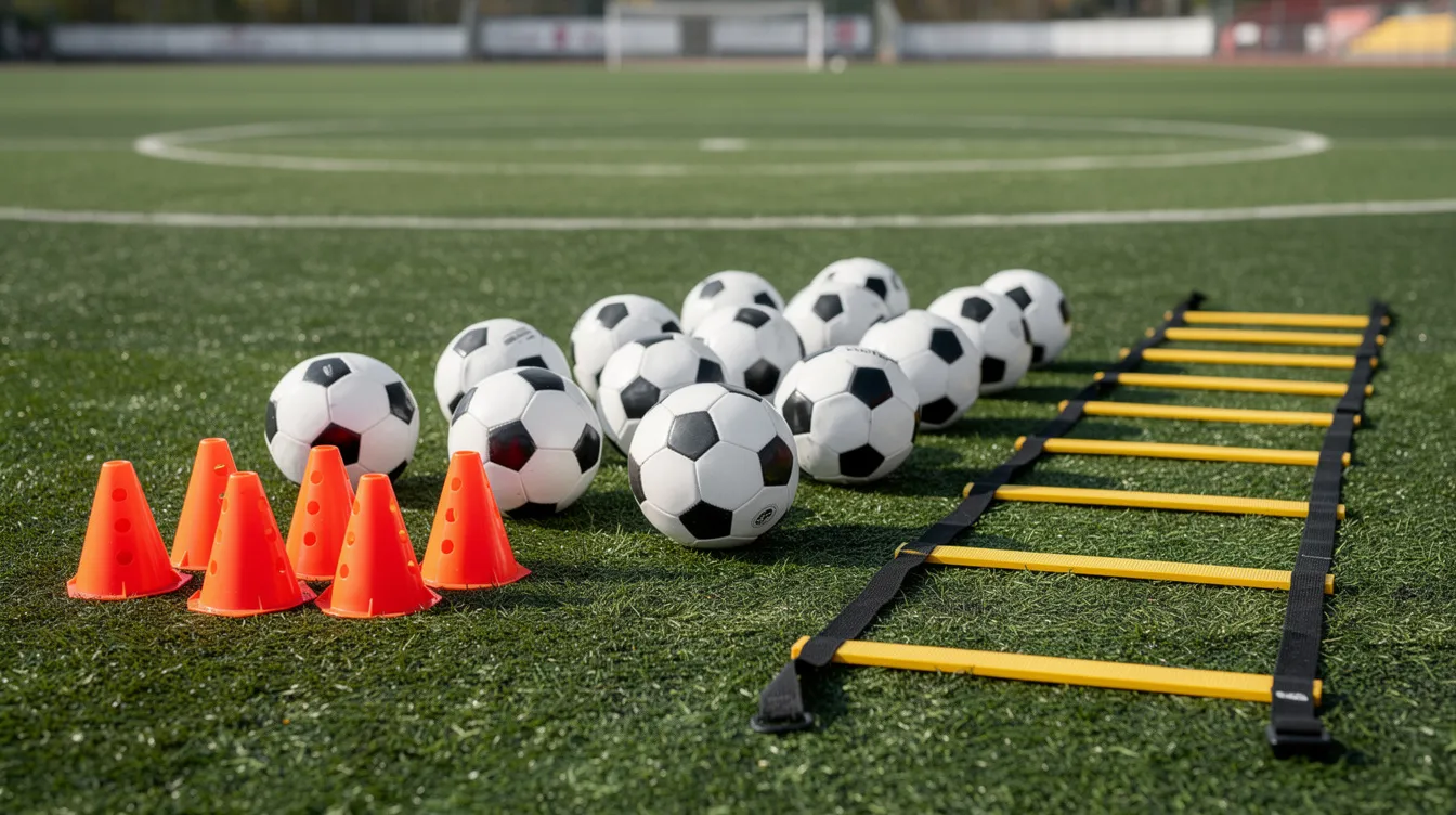 Eine Sammlung von bunten Fußbällen, orangefarbenen Hütchen und Koordinationsleitern liegt auf einem Kunstrasenplatz, der für das Fußballtraining vorbereitet ist. Diese Trainingsgeräte sind ideal für Teamsport und fördern den Teamgeist während der Übungseinheiten.