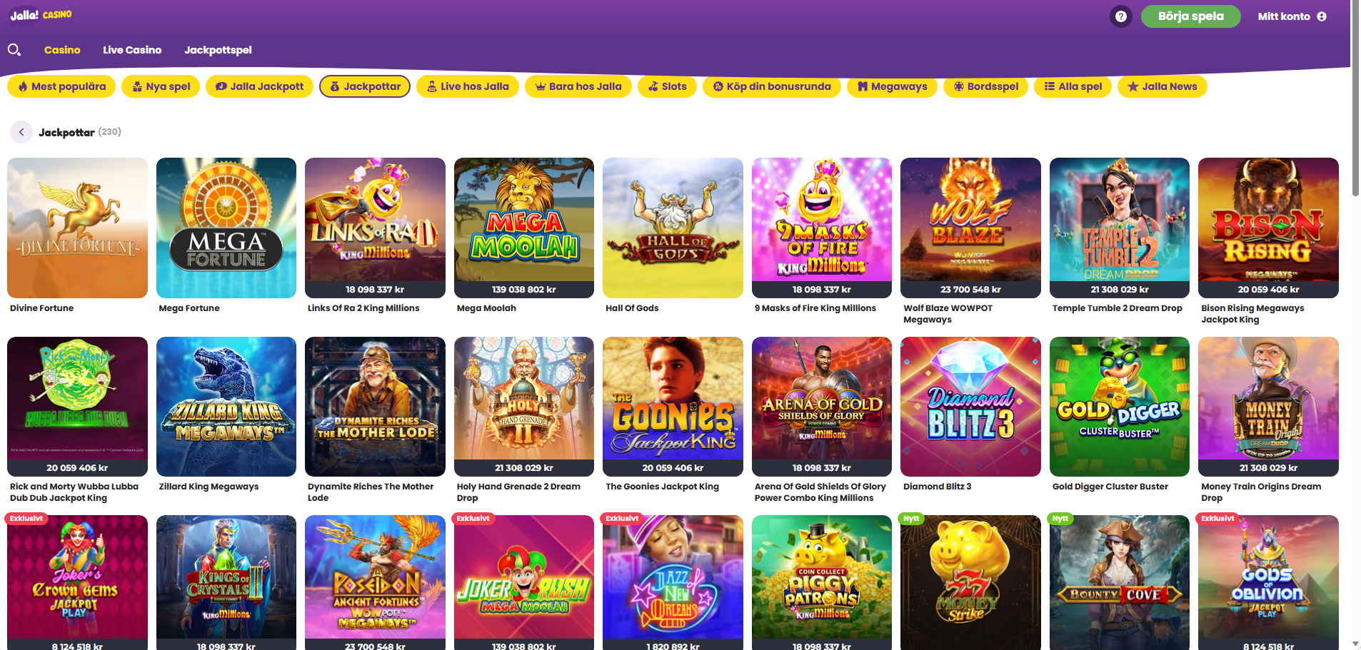 Jalla Casinos jackpotsida med utbud av jackpotspel.
