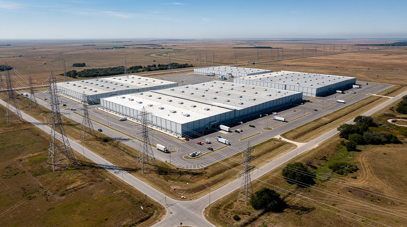 An aerial photograph captures a massive data center complex set against an open landscape, with power lines stretching across the scene. This image highlights the growing infrastructure of the AI economy, reflecting the significant investments in data centers that support the booming AI industry and its potential impact on the global financial markets.