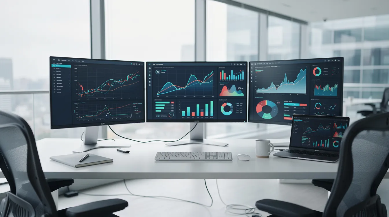 The image depicts a modern office workspace featuring multiple computer screens displaying colorful charts and graphs, indicative of financial analysis and investment management. This setup suggests a focus on financial planning services, likely utilized by financial advisors or certified financial planners to assist clients in retirement planning and managing their financial assets.