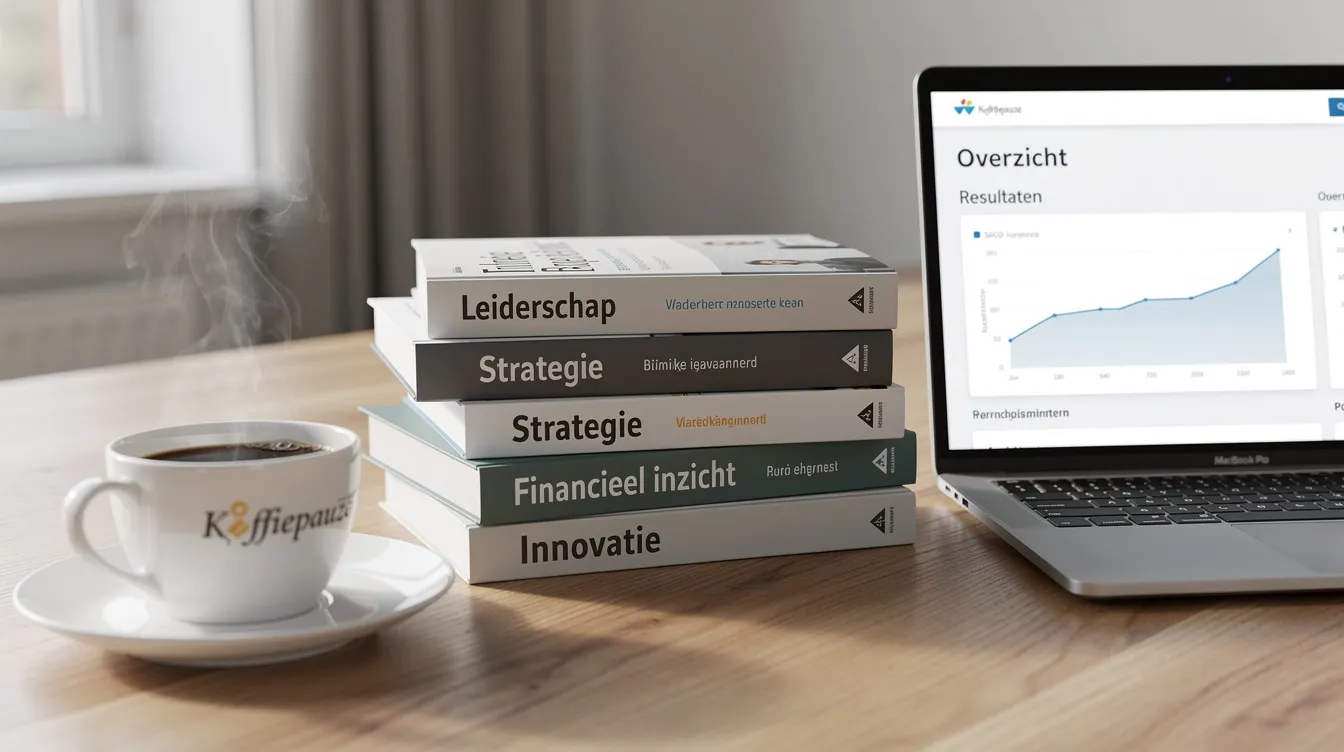 Op het bureau ligt een stapel zakelijke boeken, waaronder titels als "The New Psychology" en "Crucial Conversations", naast een kop koffie en een open laptop. Deze setting straalt een sfeer van persoonlijke groei en effectief leiderschap uit, ideaal voor professionals die hun managementvaardigheden willen verbeteren.
