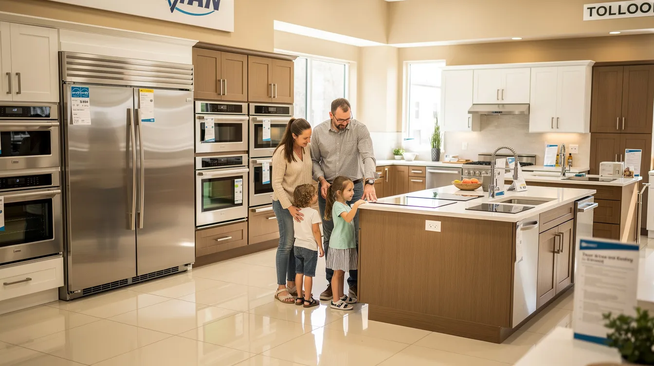 A family is exploring a bright showroom filled with various kitchen displays, including modern dishwashers like integrated models and freestanding dishwashers. They are discussing features such as energy efficiency, cleaning performance, and the benefits of choosing the right dishwasher for their busy household.