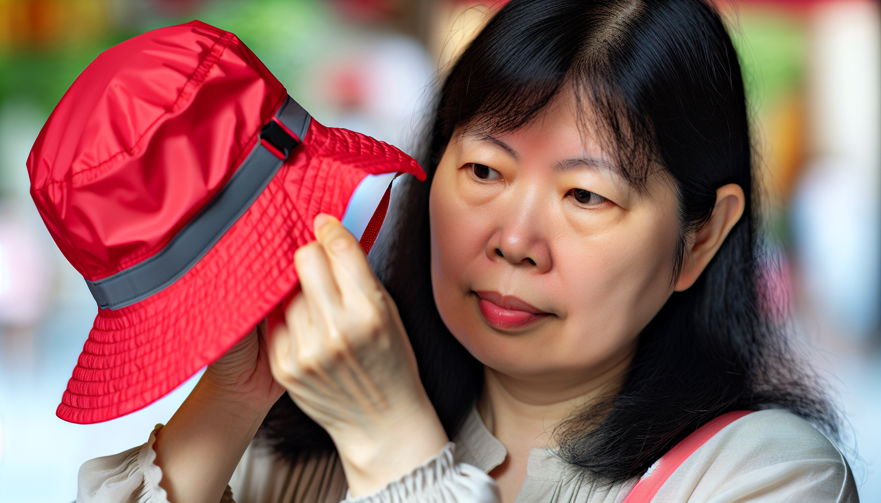 A woman adjusting the sizing of a waterproof hat for a comfortable fit