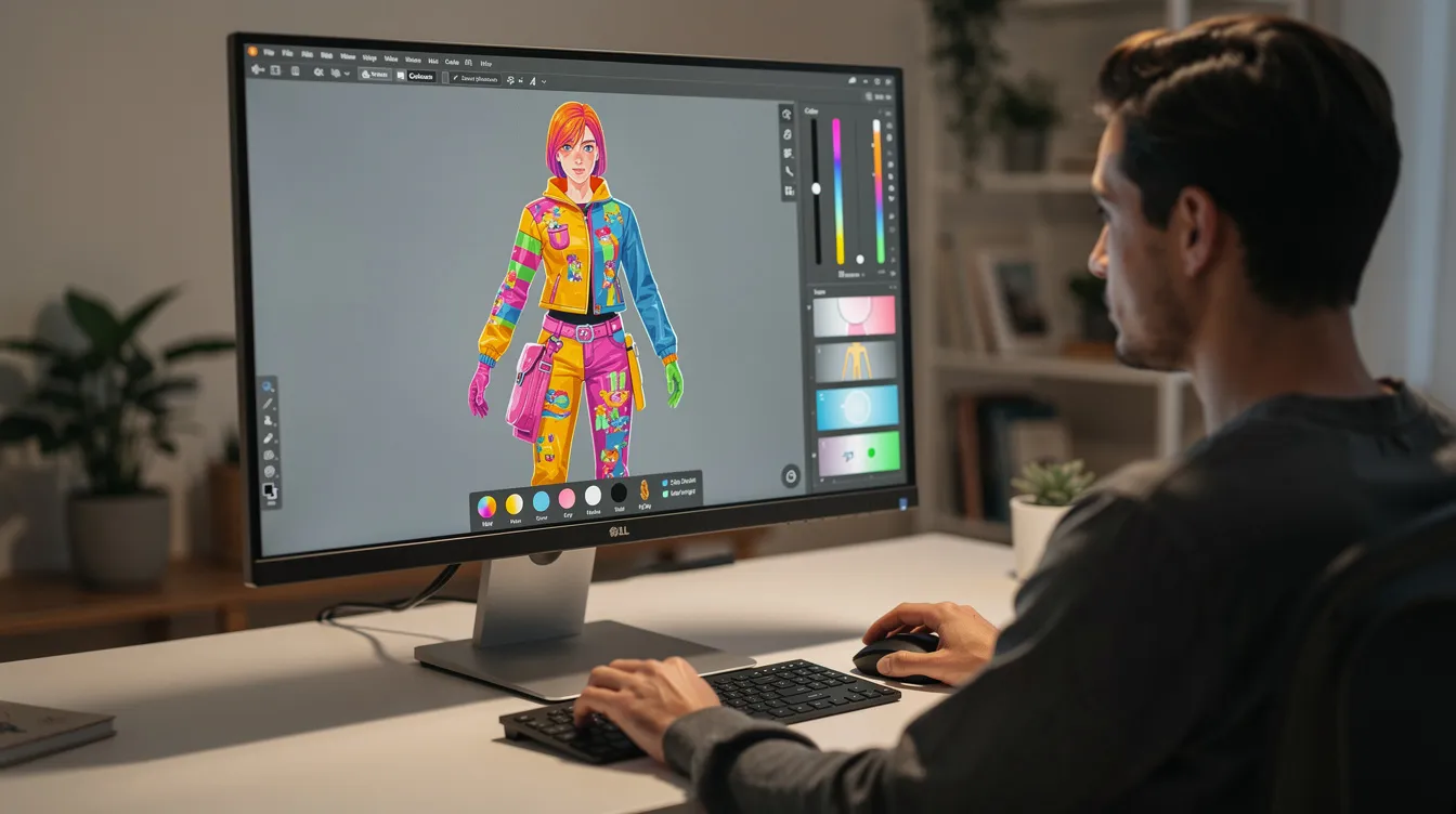 A person is sitting at a computer, actively designing a unique digital avatar using various customization sliders to adjust facial features and hairstyles. The screen displays vibrant colors and options like a download button and a random button, showcasing the fun possibilities of avatar makers for creating a personalized character.
