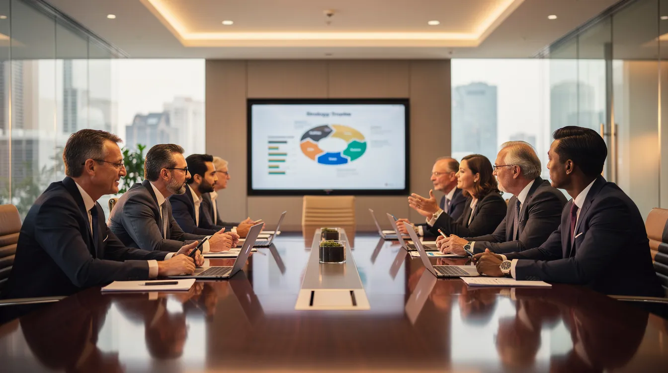 In a private boardroom, a group of business leaders engages in a focused discussion around a polished conference table, sharing diverse perspectives on leadership development and team dynamics. The atmosphere is charged with emotional intelligence as they explore actionable strategies for enhancing organizational health and decision-making.