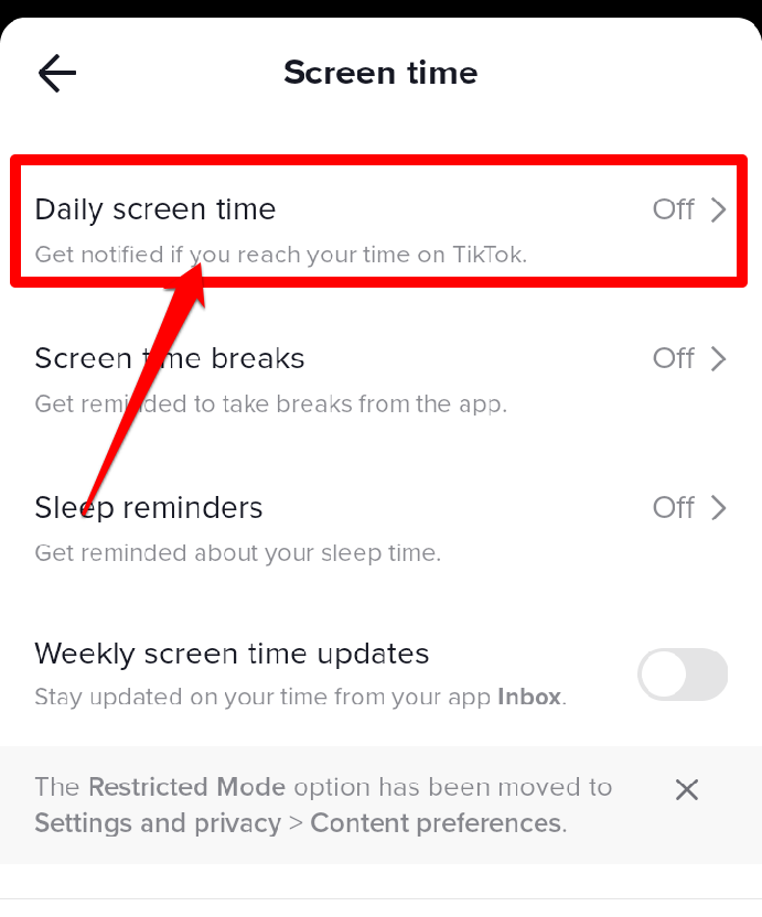 Picture showing the daily screen time option on TikTok