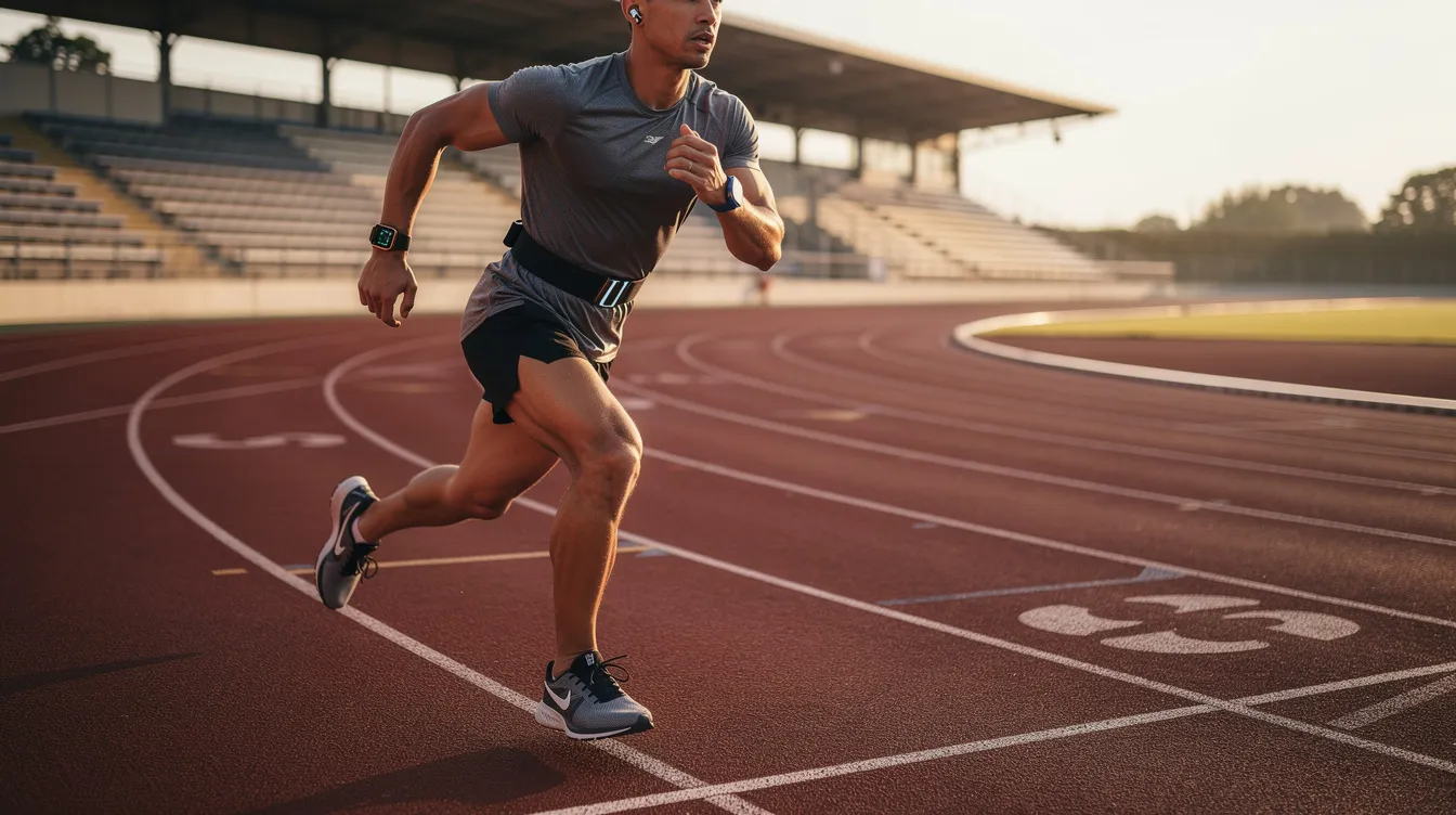 A person is running on a track while wearing fitness monitoring equipment, emphasizing the importance of regular exercise for overall health and longevity. This scene reflects the intersection of physical mobility and emotional well-being, key aspects in the study of aging and health span, as discussed in longevity science by experts like David Sinclair and Peter Attia.