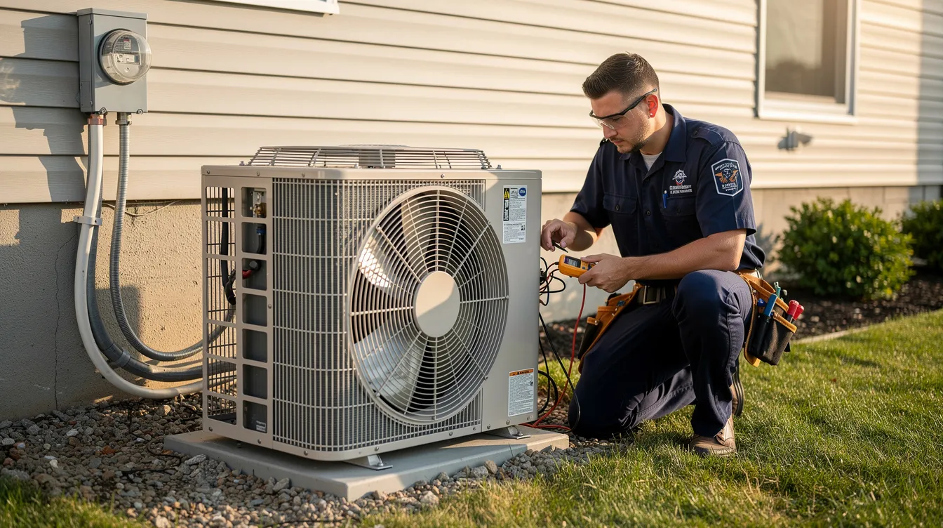 An HVAC technician is inspecting an outdoor condenser unit, focusing on the condenser coil to ensure proper airflow and efficiency of the air conditioning system. This routine maintenance is crucial for optimizing energy efficiency and preventing costly repairs in the future.