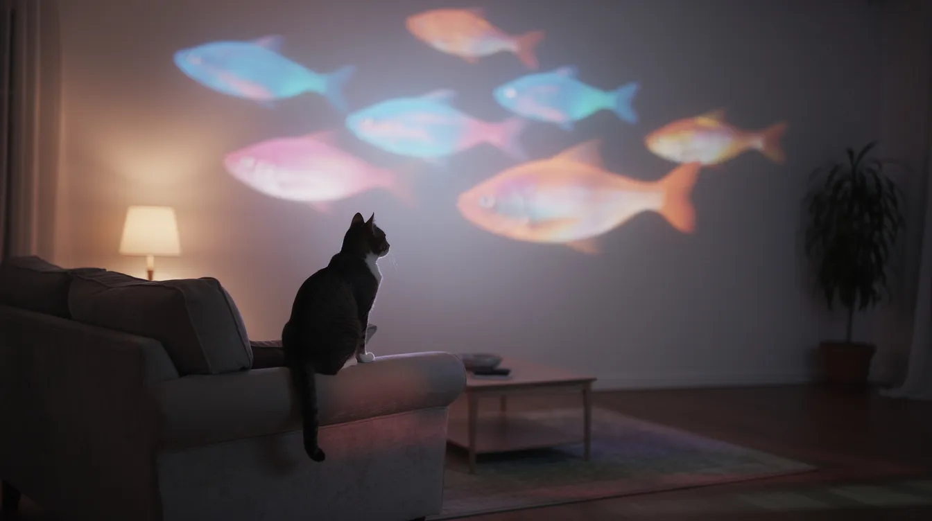 A cat sits on the floor of a dimly lit living room, intently watching colorful fish-like light projections that dance across a white wall. This engaging scene provides stimulation and joy for the feline friend, as it tracks the lifelike movements of the projected fish, keeping it entertained for hours.