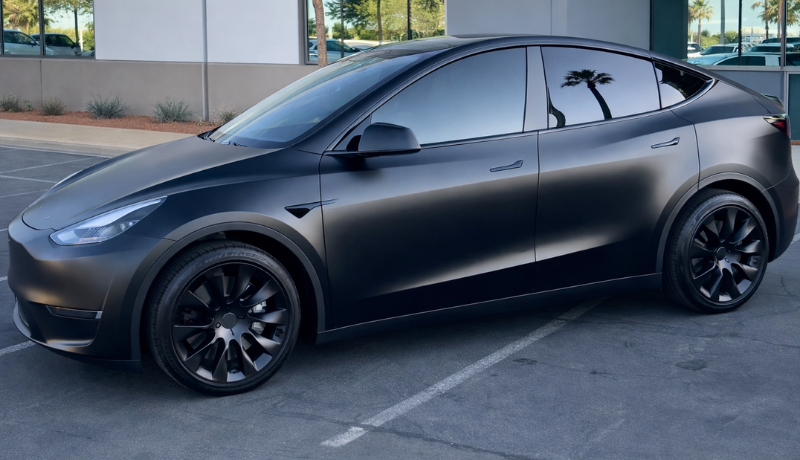 A car in satin black PPF done by heat gun and wet apply OEM paint