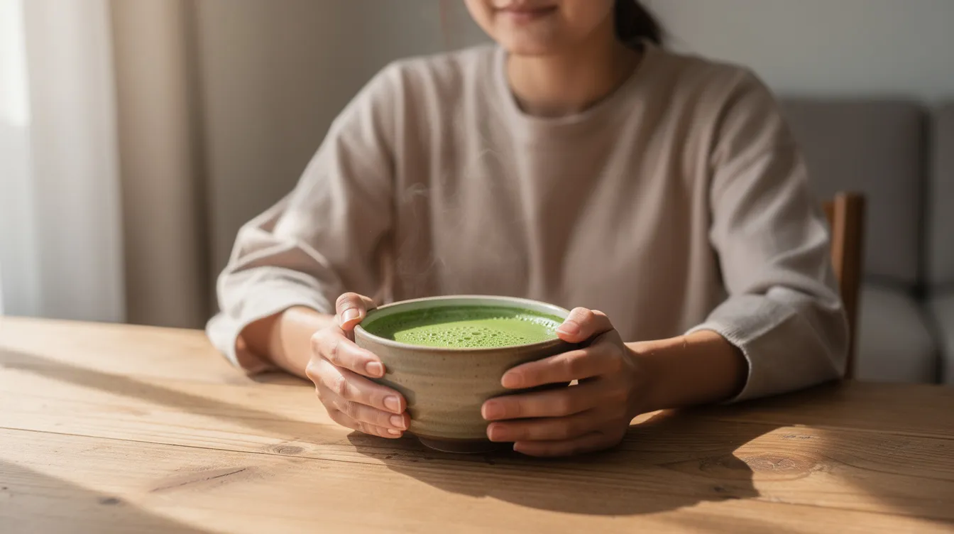 A person is sitting at a wooden table, cradling a warm bowl of freshly whisked matcha green tea, which has a vibrant green color and a layer of foam on top, showcasing the rich aroma and authentic taste of Japan's finest green tea. The scene conveys a moment of tranquility, highlighting the enjoyment of this versatile ingredient in a peaceful setting.