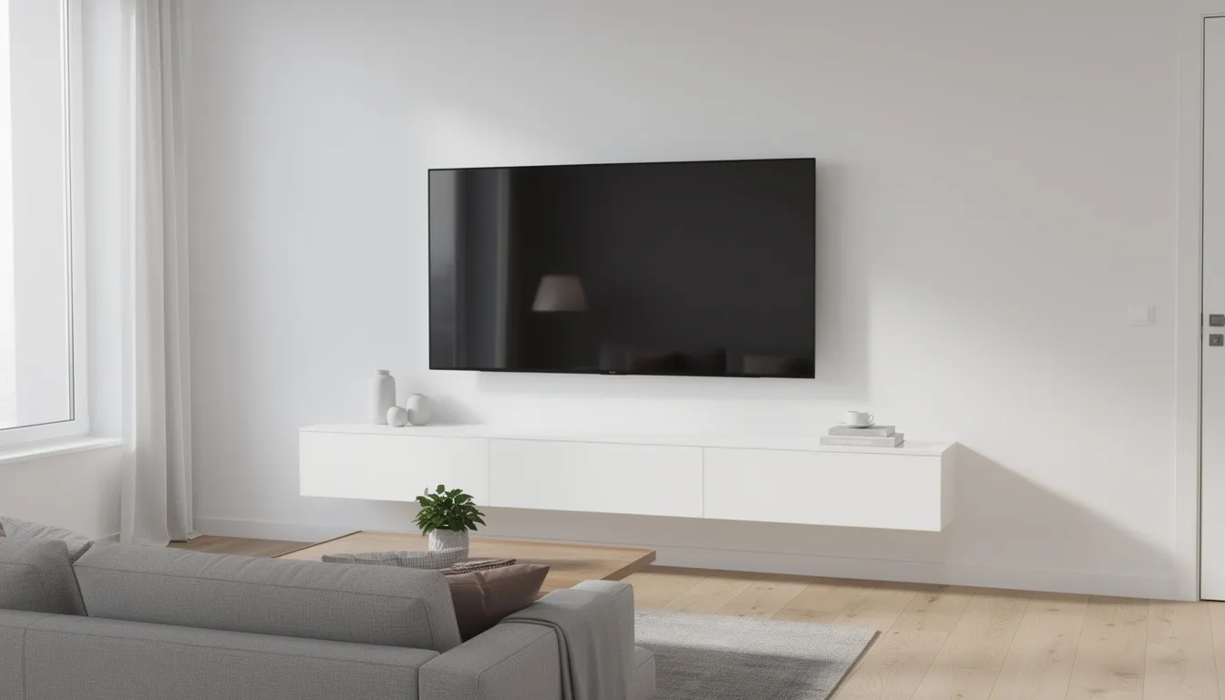 The image features a modern living room with a neatly wall-mounted flat screen TV, where all cables are concealed for a clean look. This setup is ideal for enjoying crystal clear viewing, and highlights the importance of professional DSTV installation services for optimal home entertainment.