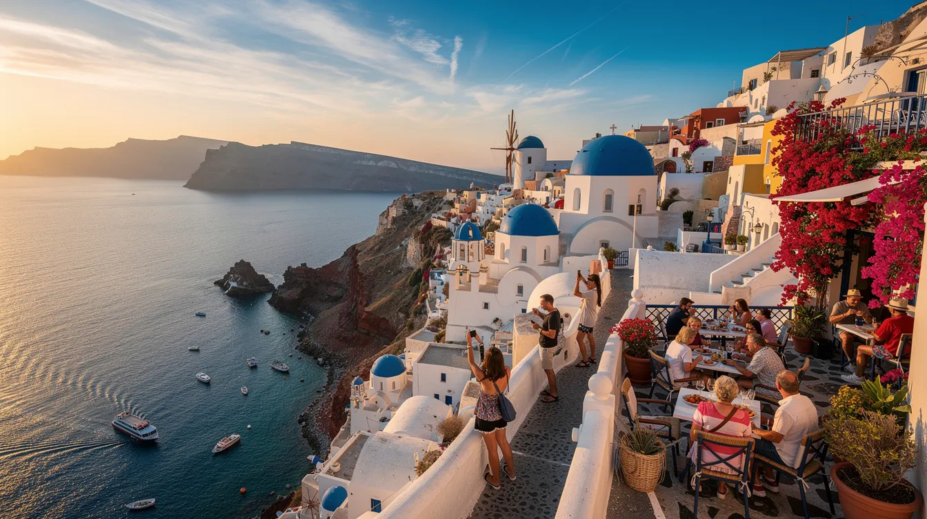 Imagem de um cenário deslumbrante da Grécia, destacando as ilhas com suas casas brancas e azuis, cercadas pelo mar Egeu. O clima mediterrâneo e a rica história do país, incluindo referências à Grécia Antiga e ao Templo de Partenon, tornam este destino uma experiência imperdível para os turistas que buscam cultura e beleza natural.