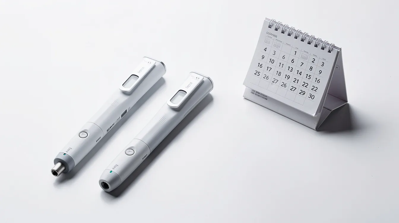 The image features two medication injection pens, likely for weight management, placed on a clean white surface alongside a small calendar. This setup suggests a focus on medication schedules for managing body weight and blood sugar levels, possibly related to semaglutide and tirzepatide treatments.