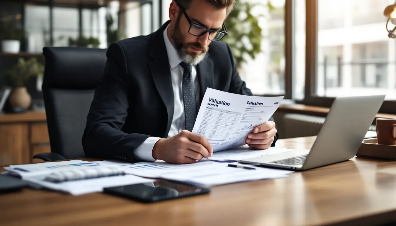 A business owner is seated at a desk, intently reviewing financial documents and valuation reports, which include independent valuations and analysis of the company's position within its industry. The scene reflects the owner's commitment to making informed decisions regarding the company's fair market value and ensuring proper oversight for future transactions and growth.