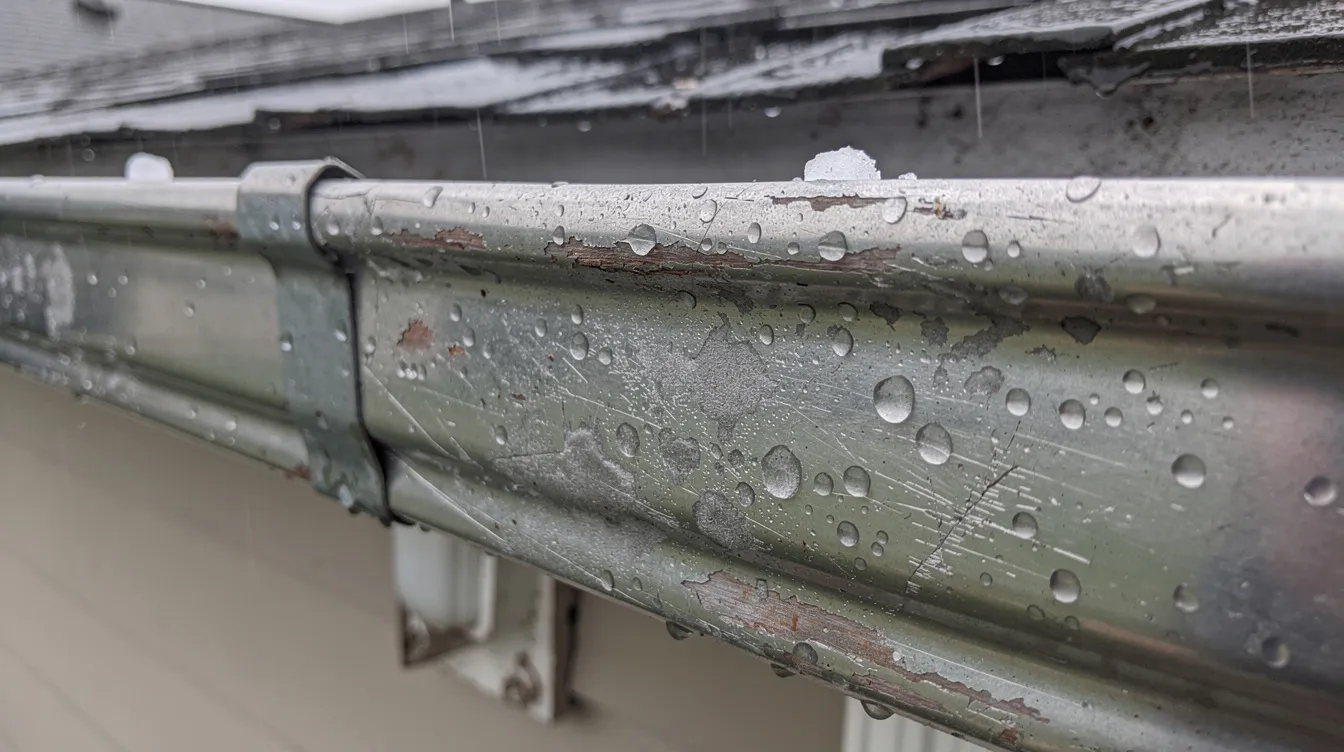 The image shows a close-up view of dented aluminum gutters and downspouts on the side of a house, indicating hail damage after a recent hailstorm. This damage may require a hail damage roof repair or a free roof inspection for Aurora homeowners to assess the impact on their roofing materials.