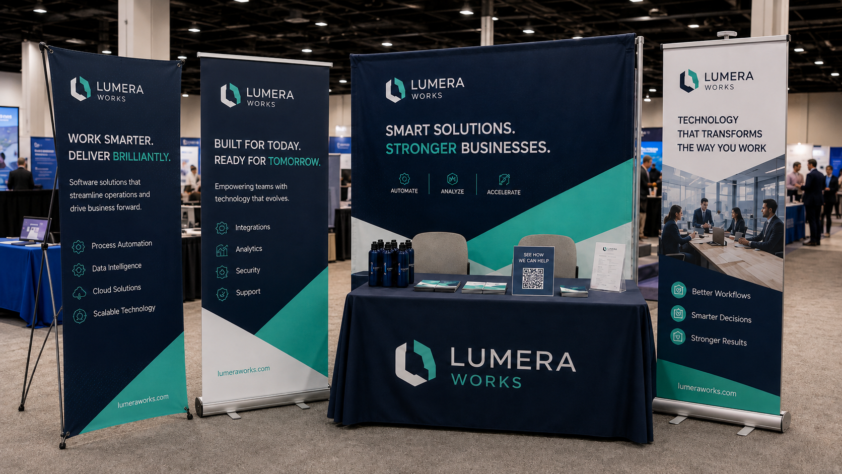 Custom roll-up banners and booth backdrop for trade show display