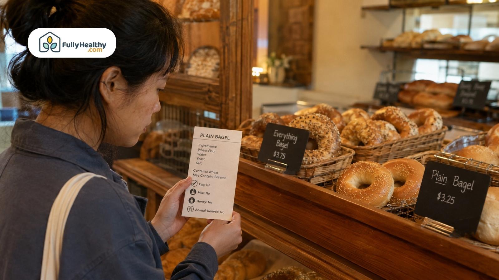 Customer reading plain bagel ingredient card beside bakery baskets of fresh bagels