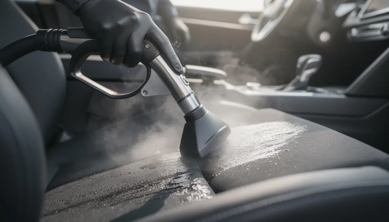 The image shows a close-up of professional steam cleaning equipment actively working on vehicle upholstery and carpets, focusing on the removal of stubborn odors such as pet dander and smoke smell. This specialized equipment penetrates deep into the fabrics, ensuring a thorough odor removal process for the car's interior.