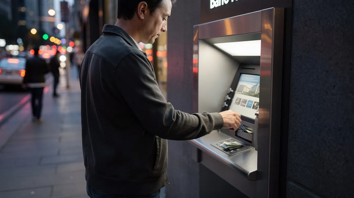 A person is withdrawing cash from an ATM machine located on a busy city street, showcasing the convenience of accessing funds from their bank account. The scene highlights the importance of secure transactions for individuals looking to transfer money or receive remittances, particularly for those sending money to Pakistan.