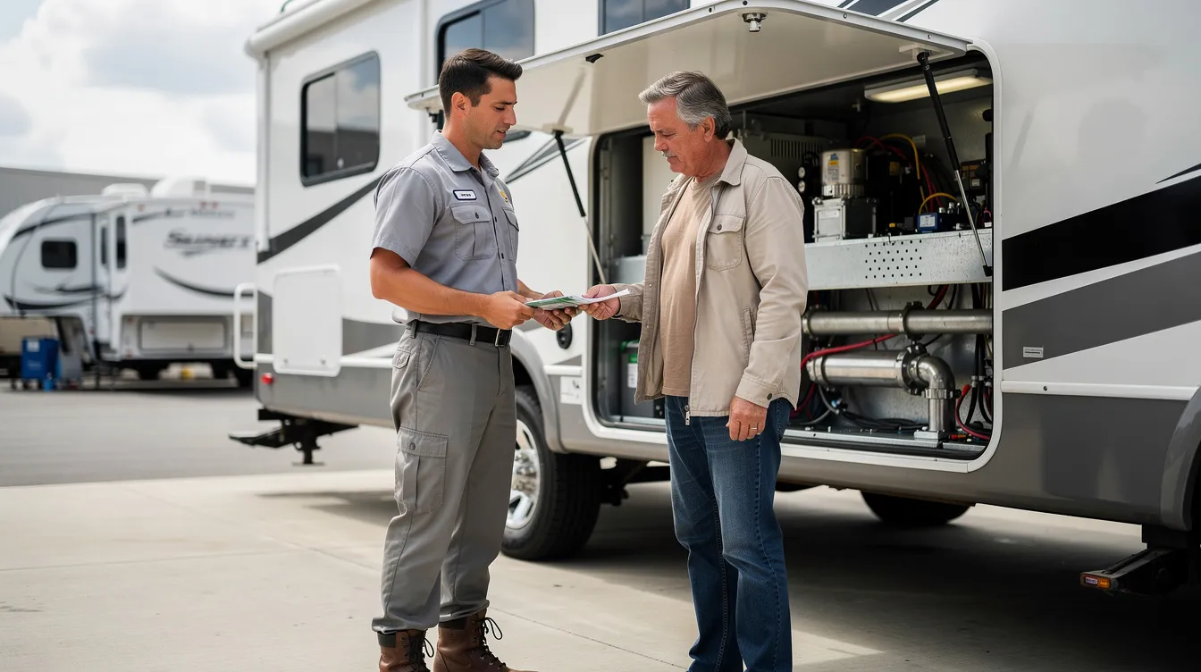 An RV owner is handing over documents to a mobile technician next to an open utility bay of a travel trailer, indicating a routine maintenance or repair service. The scene reflects a professional interaction typical of mobile RV repair services, highlighting the importance of regular RV inspections and maintenance.