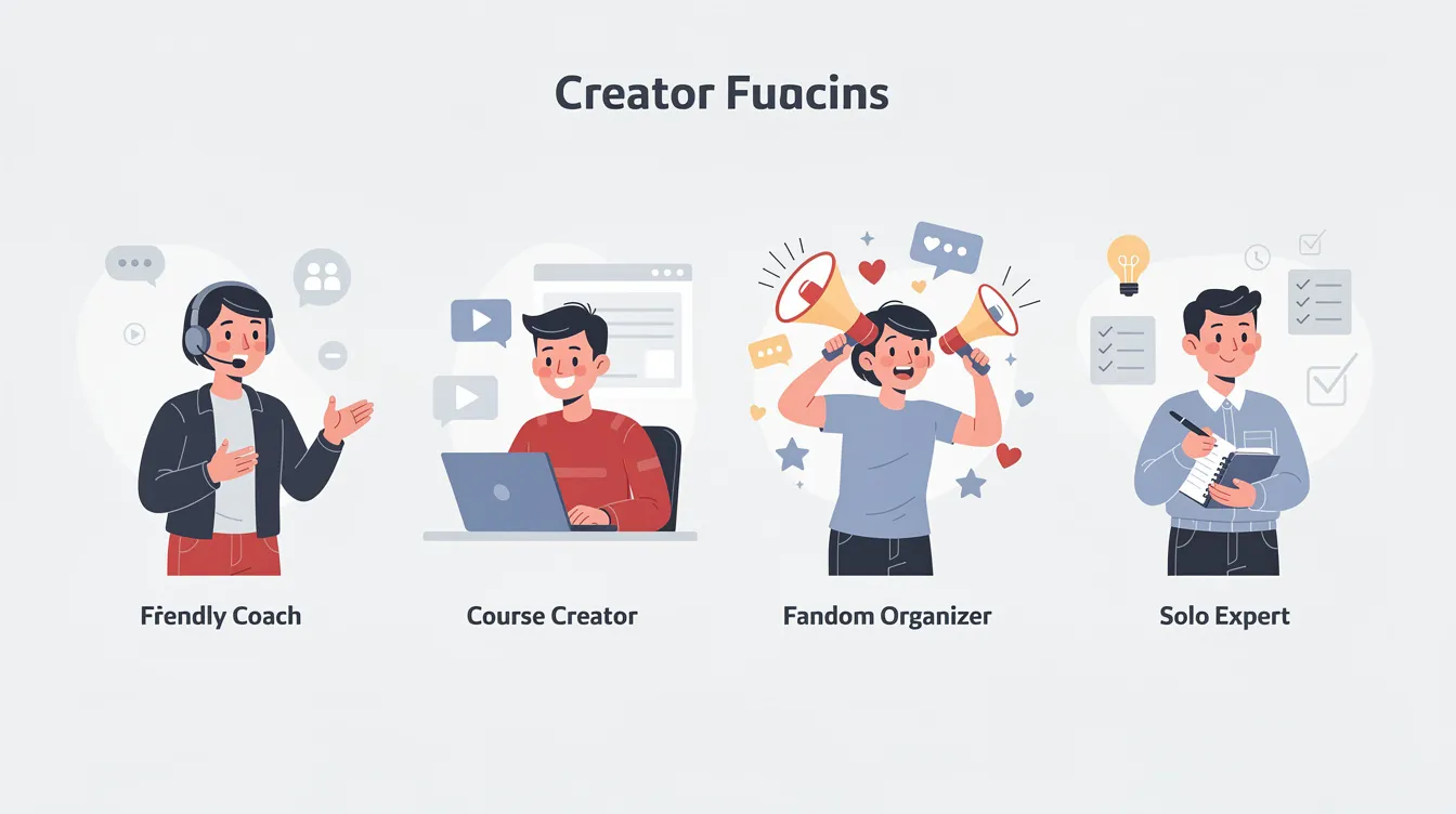 The image features a flat illustration depicting four distinct creator archetypes: a coach wearing a headset, a course creator focused on a laptop, a fandom organizer holding a megaphone, and a solo expert jotting notes in a notebook. Each character represents different creative roles, showcasing their unique tools and environments in a vibrant and engaging style.