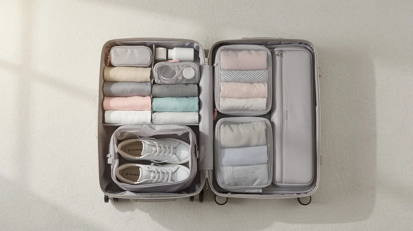 The image shows a neatly organized open carry-on suitcase viewed from above, featuring rolled clothes and packing cubes, illustrating efficient packing light for travelers. This setup emphasizes the importance of creating multiple outfits and saving space, ideal for those looking to travel with only a carry-on.