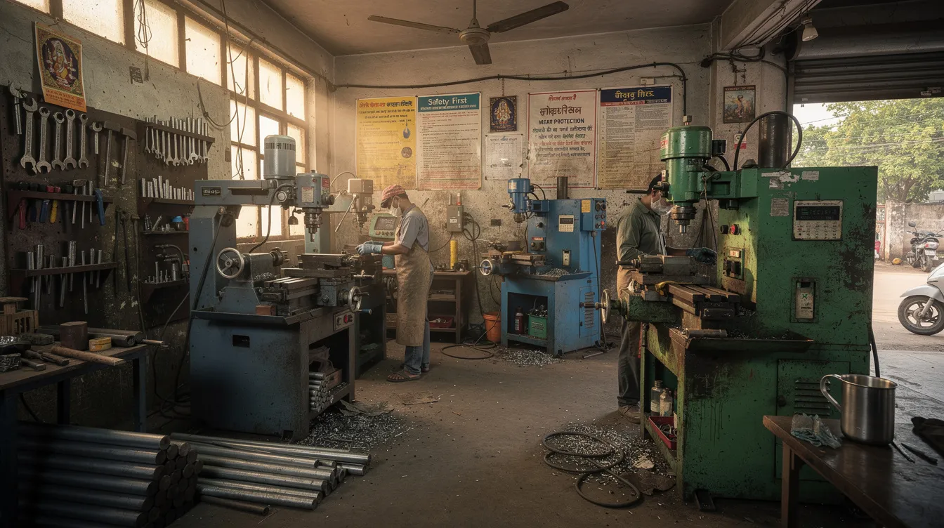The image depicts a small manufacturing workshop in India, filled with various machinery and tools essential for commercial manufacturing processes. This setting highlights the entrepreneurial spirit and potential for small businesses, which could benefit from a detailed project report for mudra loan applications.