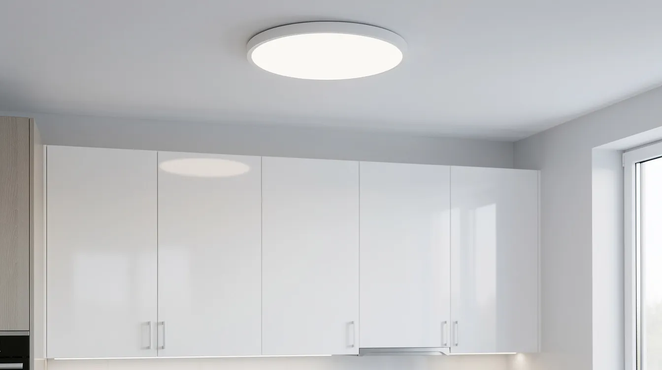 En modern tunn LED-plafond är monterad i ett ljust kök med vita skåpluckor, vilket skapar en stilren och funktionell belysning som ger rummet ett bra ljus för matlagning. Taklampan fungerar både som en praktisk ljuskälla och en del av kökets design.