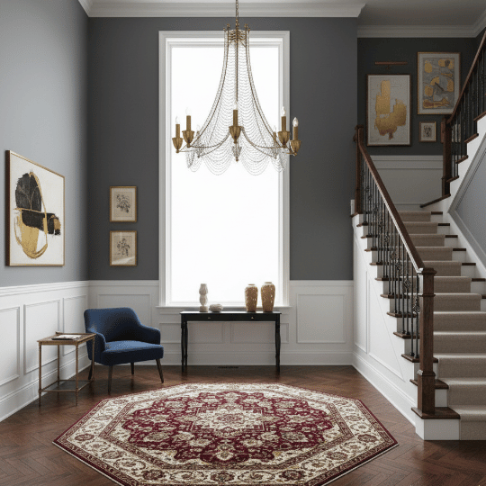 A modern foyer with gray walls, a cascading chandelier, and a red patterned rug offering elegant foyer chandelier ideas for contemporary homes.