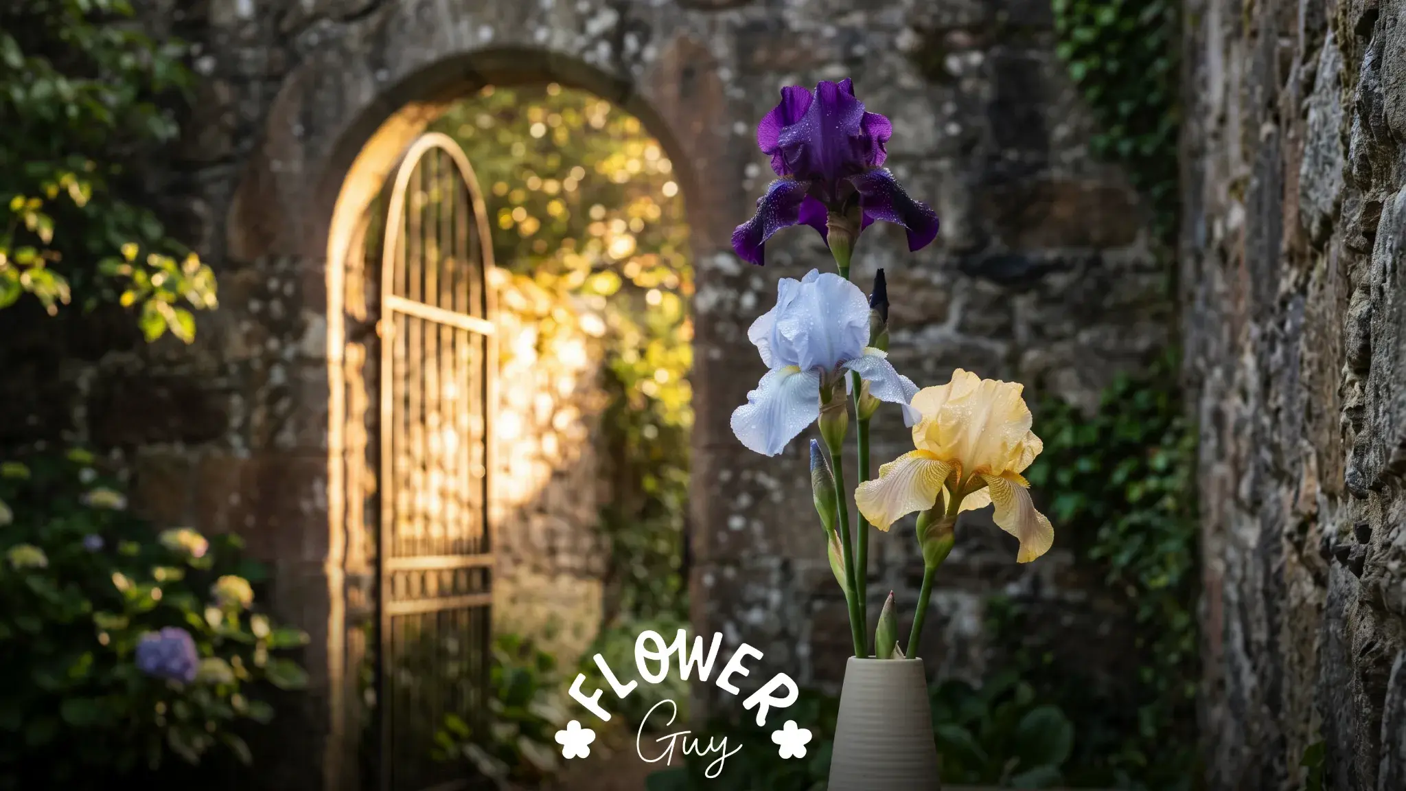 Purple, blue and yellow irises in a vase in a garden