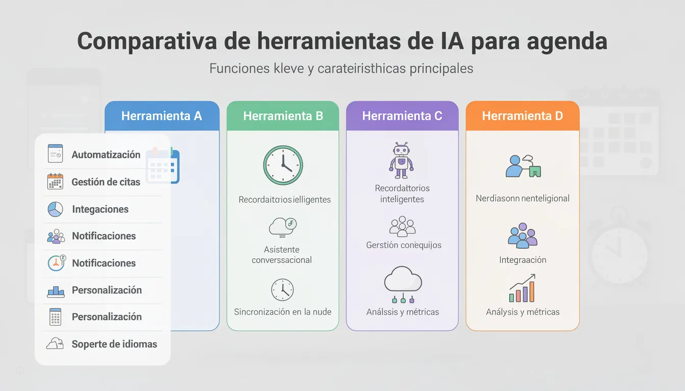 Comparativa visual de herramientas de inteligencia artificial para la gestión del tiempo, mostrando funcionalidades clave como la automatización de tareas, programación de reuniones y gestión de proyectos. La imagen resalta cómo estas herramientas pueden mejorar la productividad y el flujo de trabajo en empresas y equipos.