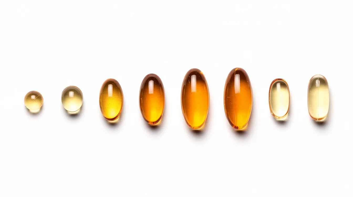 The image displays a row of omega-3 supplement capsules in various sizes, shapes, and colors, showcasing different forms of fish oil supplements rich in essential fatty acids. These capsules represent dietary supplements that may offer health benefits for cardiovascular health and reducing inflammation.