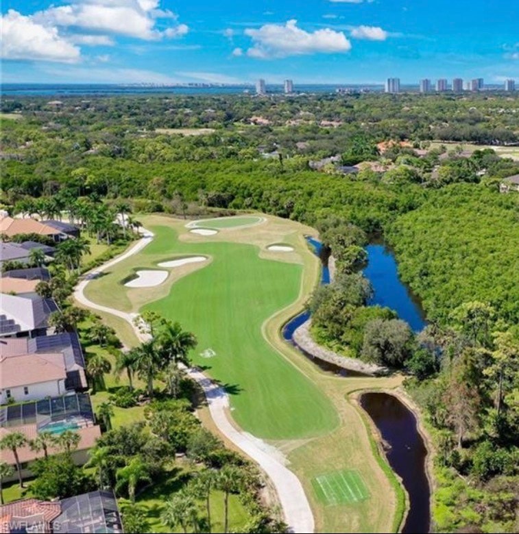 The image depicts a championship golf course fairway in Bonita Springs, Florida, characterized by lush palm trees and scenic water hazards, typical of the prestigious golf course community at Pelican Landing. The vibrant tropical landscape highlights the natural beauty of Southwest Florida, creating an inviting atmosphere for golf enthusiasts.