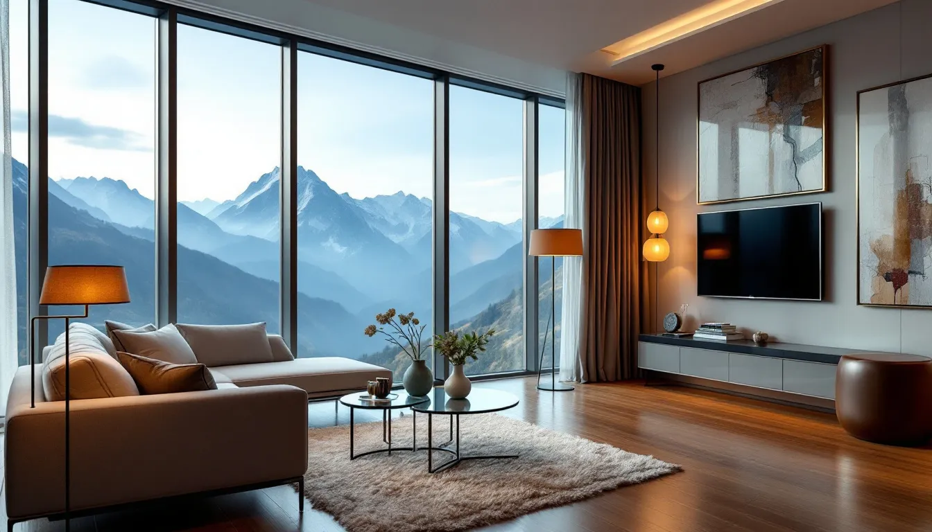 A modern luxury hotel suite features contemporary furnishings and large windows that showcase stunning mountain views, creating a serene atmosphere for guests. This stylish accommodation in southern Utah is perfect for a relaxing stay, making it an ideal choice for visitors exploring the beauty of the region.