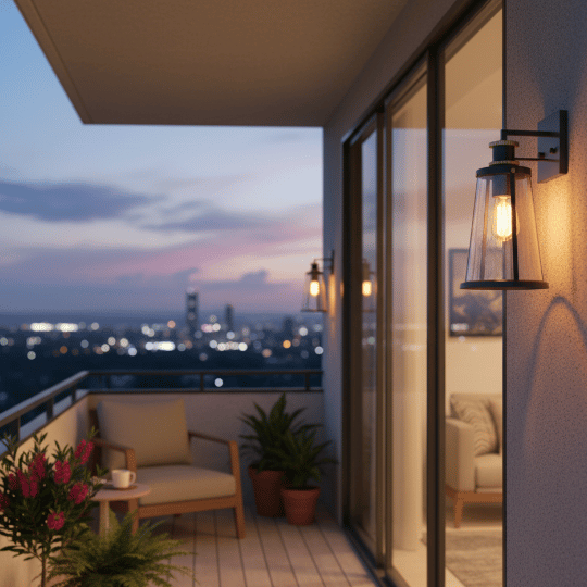 Wall-mounted lantern light fixtures used for balcony lighting ideas.