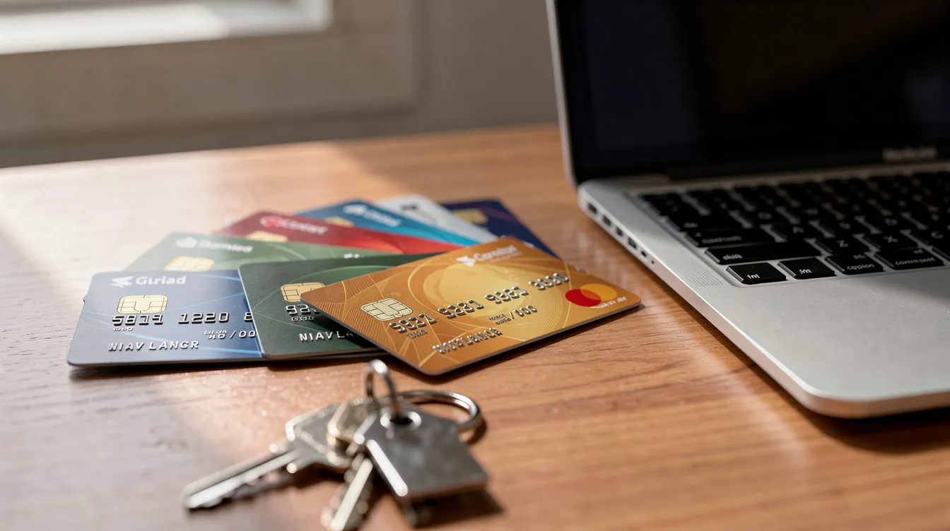 The image shows multiple credit cards fanned out on a wooden desk, accompanied by a laptop and a set of house keys, suggesting a focus on personal finance and borrowing options like second lien loans or home equity loans. The arrangement reflects a typical setting where financial decisions are made, highlighting the importance of managing debt and credit.