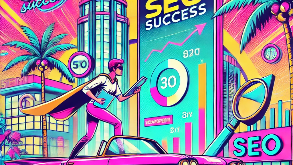 A vibrant comic-style illustration featuring a superhero analyzing a tablet, surrounded by colorful charts, graphs, and SEO Success signage in a neon cityscape.