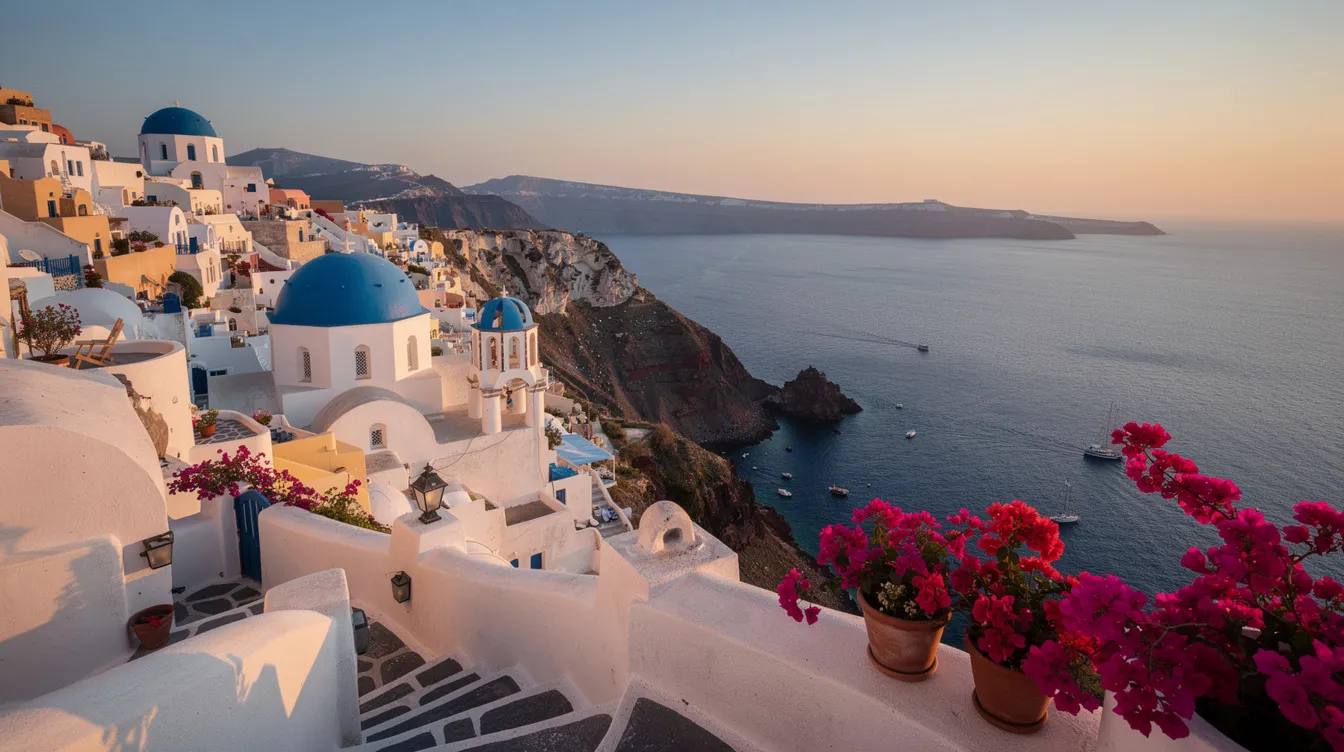 Imagem de Santorini, uma das ilhas mais icônicas da Grécia, com suas casas brancas e cúpulas azuis contrastando com o mar Egeu. O cenário é de tirar o fôlego, refletindo a beleza e a cultura da Grécia antiga, tornando-se um destino imperdível para viagens.