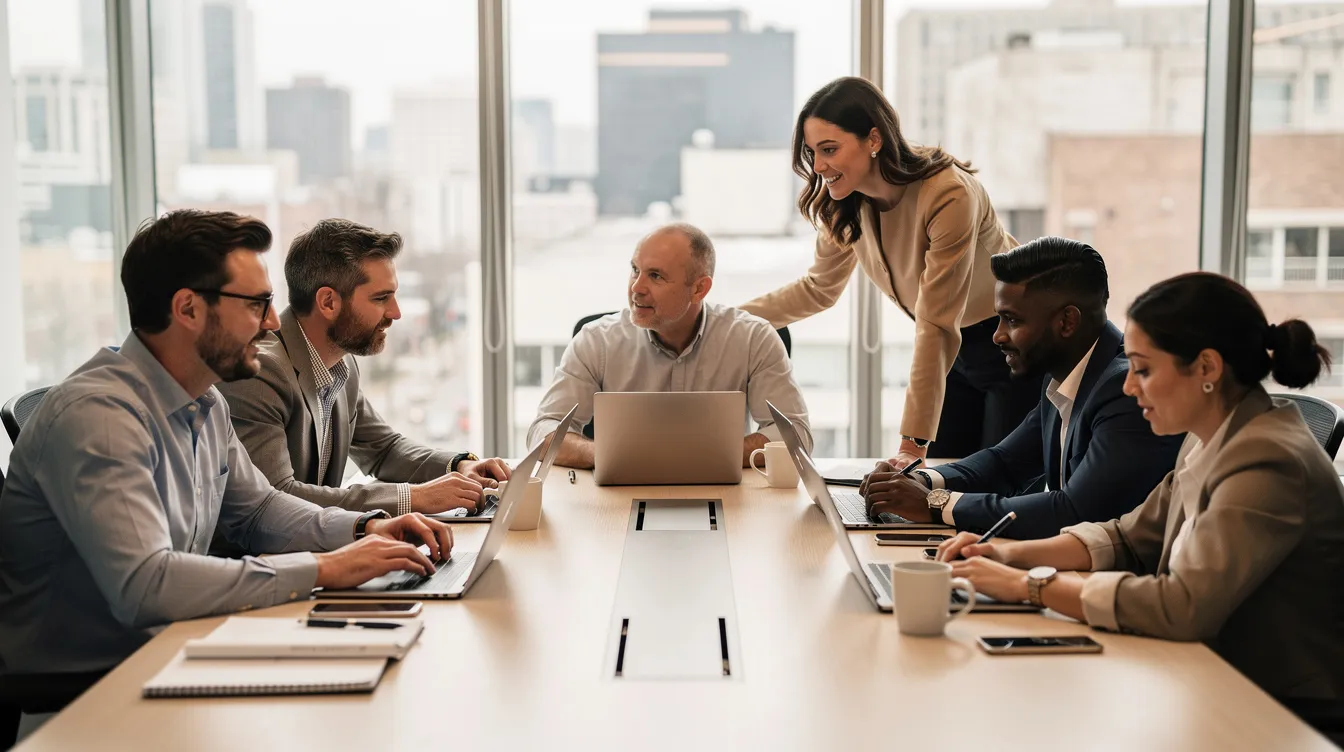 Eine Gruppe von mehreren Personen sitzt an einem großen Bürotisch und arbeitet konzentriert mit Laptops. Einige von ihnen diskutieren, während sie Informationen für eine Anfrage zu Allianz Trade online austauschen.
