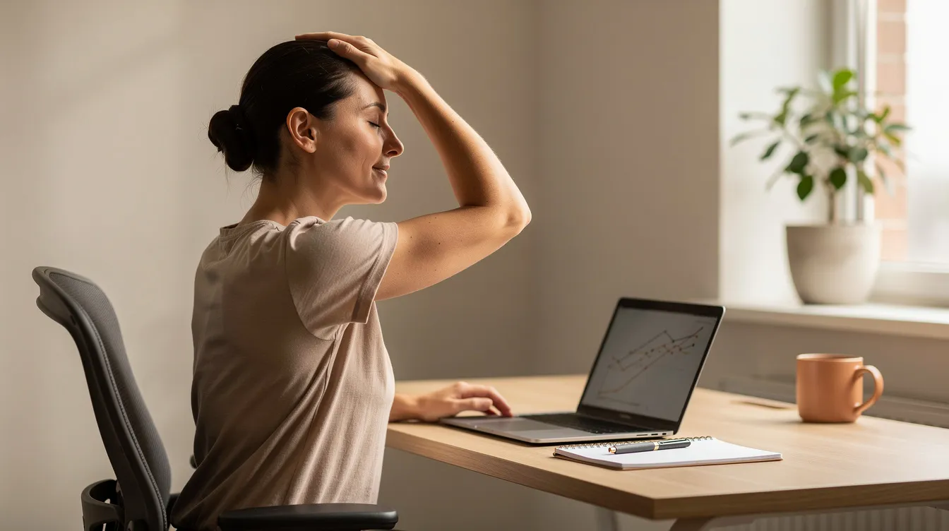 A person is gently stretching their neck while sitting at a desk, likely to alleviate neck pain or stiffness commonly caused by prolonged sitting. This action may help in recovery from whiplash symptoms or ongoing pain, promoting relaxation and improving scalp health.