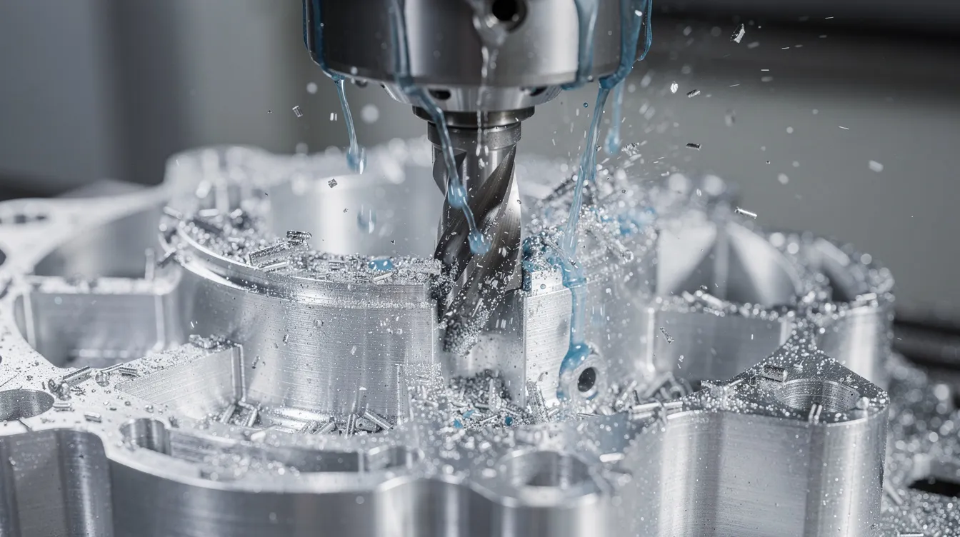 A close-up view of a precision CNC milling machine showcases a rotating cutting tool actively removing material from an aluminum workpiece, with coolant flowing to maintain optimal temperatures during the machining operation. This subtractive manufacturing process highlights the machine's ability to create complex shapes and achieve high accuracy in the final product.
