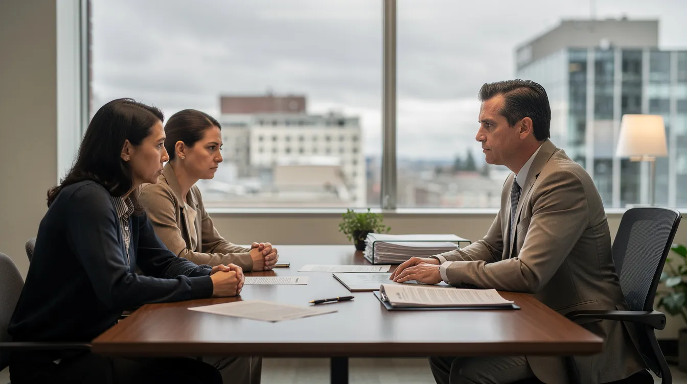 An ultra-realistic photograph captures a compassionate attorney meeting with two grieving family members in a modern Seattle office. The attorney, dressed in professional attire, attentively reviews documents at a wooden desk, while the family members engage in a serious discussion about their wrongful death claim, with a subtle Seattle cityscape visible through large windows.