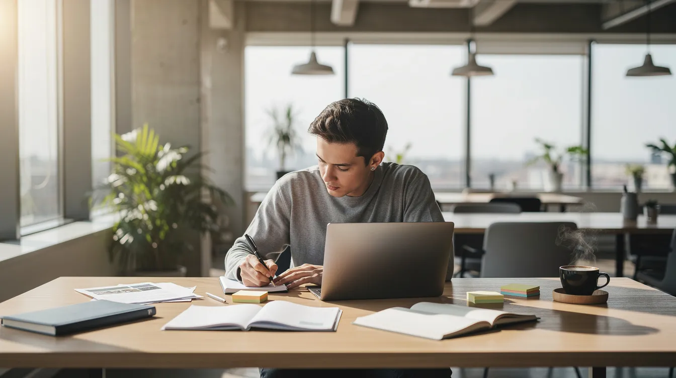 The image depicts a person studying at a laptop surrounded by notebooks and a coffee cup, set in a modern workspace. This scene reflects the importance of continuous learning and technical skills in an AI-driven world, where individuals prepare for evolving roles in data analysis and cybersecurity careers.