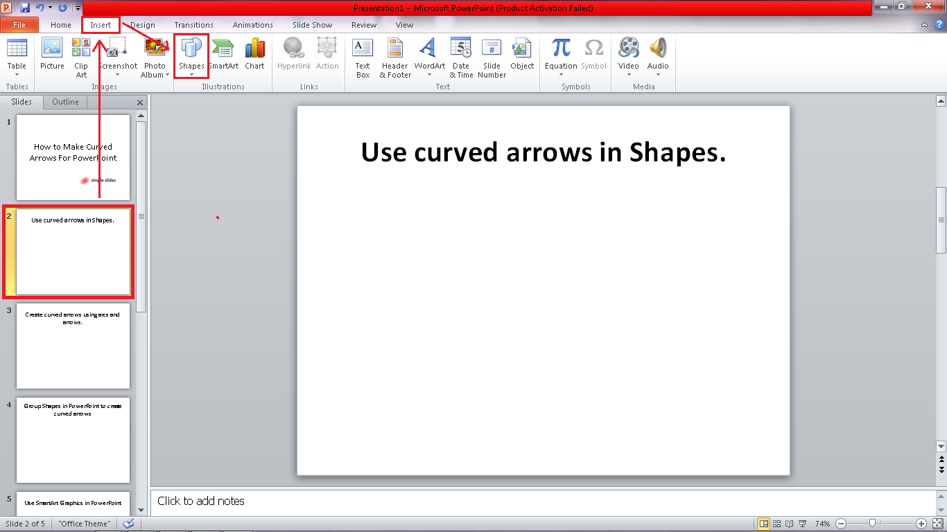Select a slide in your PowerPoint, go to the "Insert" tab and select "Shapes."