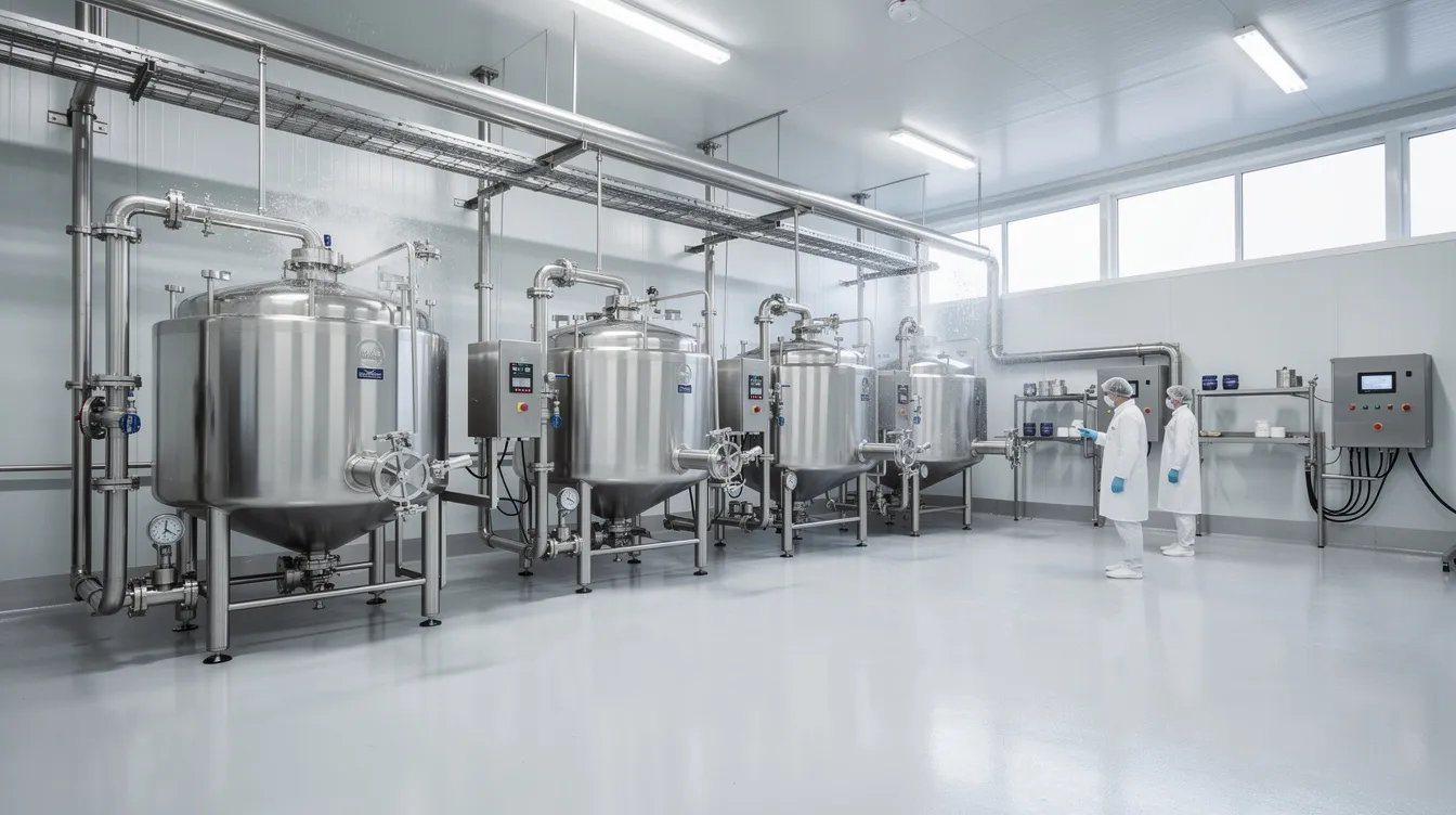 109c528b 7fb7 4c35 91f5 f8b5afb4d7f8 The image depicts the interior of a modern stainless steel dairy processing facility, featuring large mixing tanks and automated equipment in a clean industrial environment, essential for the ice cream manufacturing process. This setup highlights the advanced machinery used in ice cream production, which is key to meeting the present market demand for frozen desserts.
