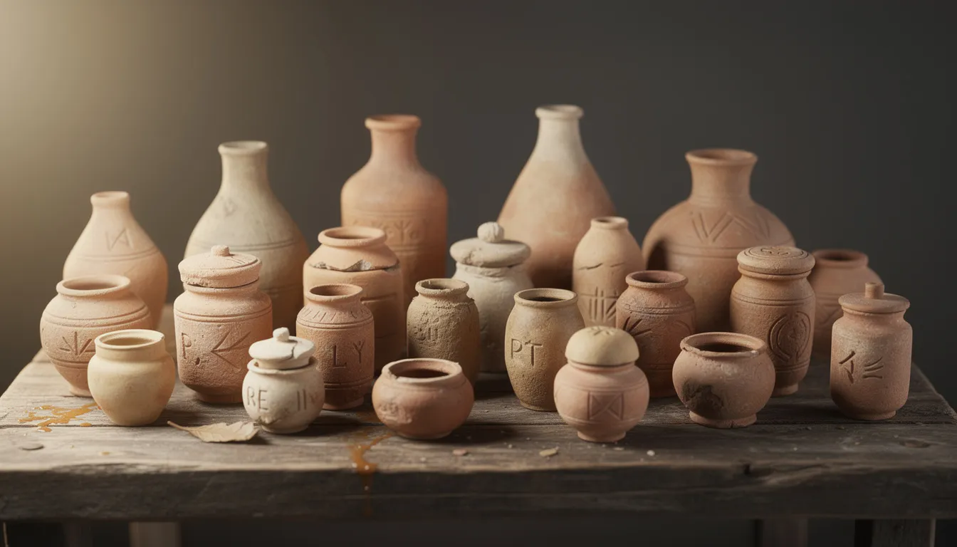 The image features ancient clay vessels and pottery containers, traditionally used by ancient civilizations for storing balms and ointments made from animal fats, such as beef tallow. These artifacts reflect the rich history of natural skincare practices, showcasing the nourishing properties of tallow-based products that contributed to skin health and beauty routines throughout the ages.